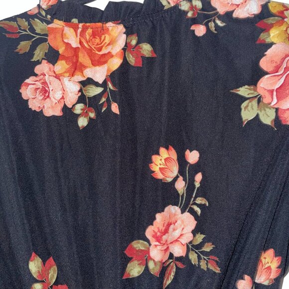 rue21 Black Peach Pink Green Floral Long Sleeved Elastic Waist Dress Size M‎ - Picture 3 of 7
